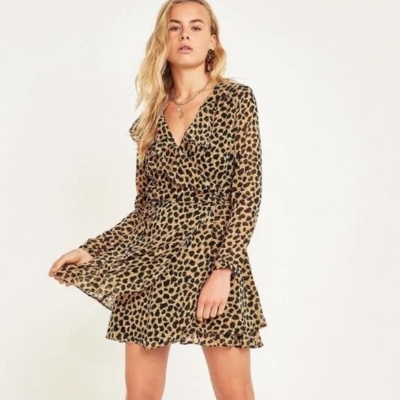 Free People- Leopard Print Frenchie Mini Wrap Dress with Long Sleeve - Picture 2 of 8